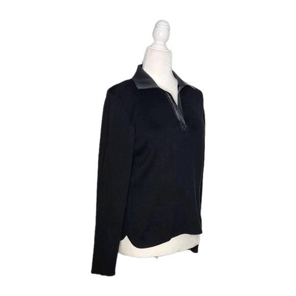 Geoffrey Beene Black Long Sleeve Knit Silk blend Sweater w/ Leather Collar Sz M - Picture 2 of 6